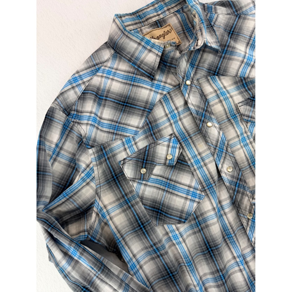 Wrangler Western Fashion Snap Shirt Blue Grey Plaid Pearl Snap Long Sleeve XL